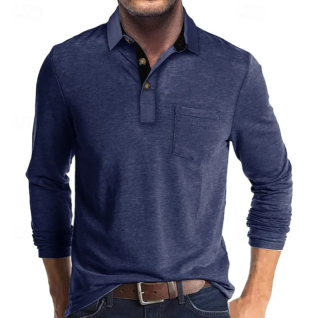 Men's Casual Solid Lapel Button Pocket Golf Polo Shirt
