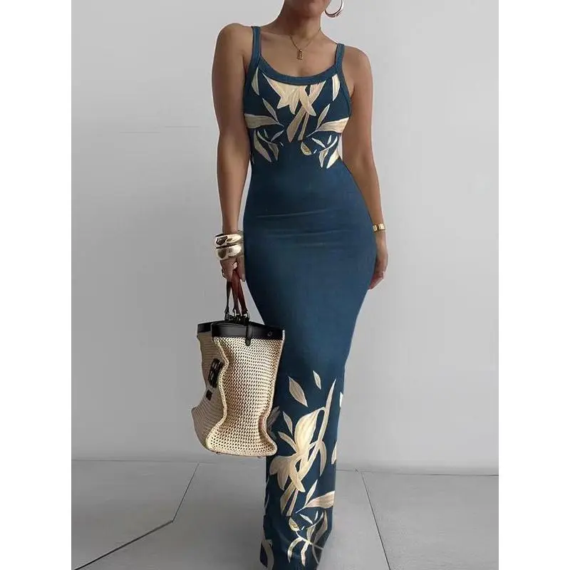 Women's Sleeveless Bodycon Maxi Dress – Printed Summer Beachwear