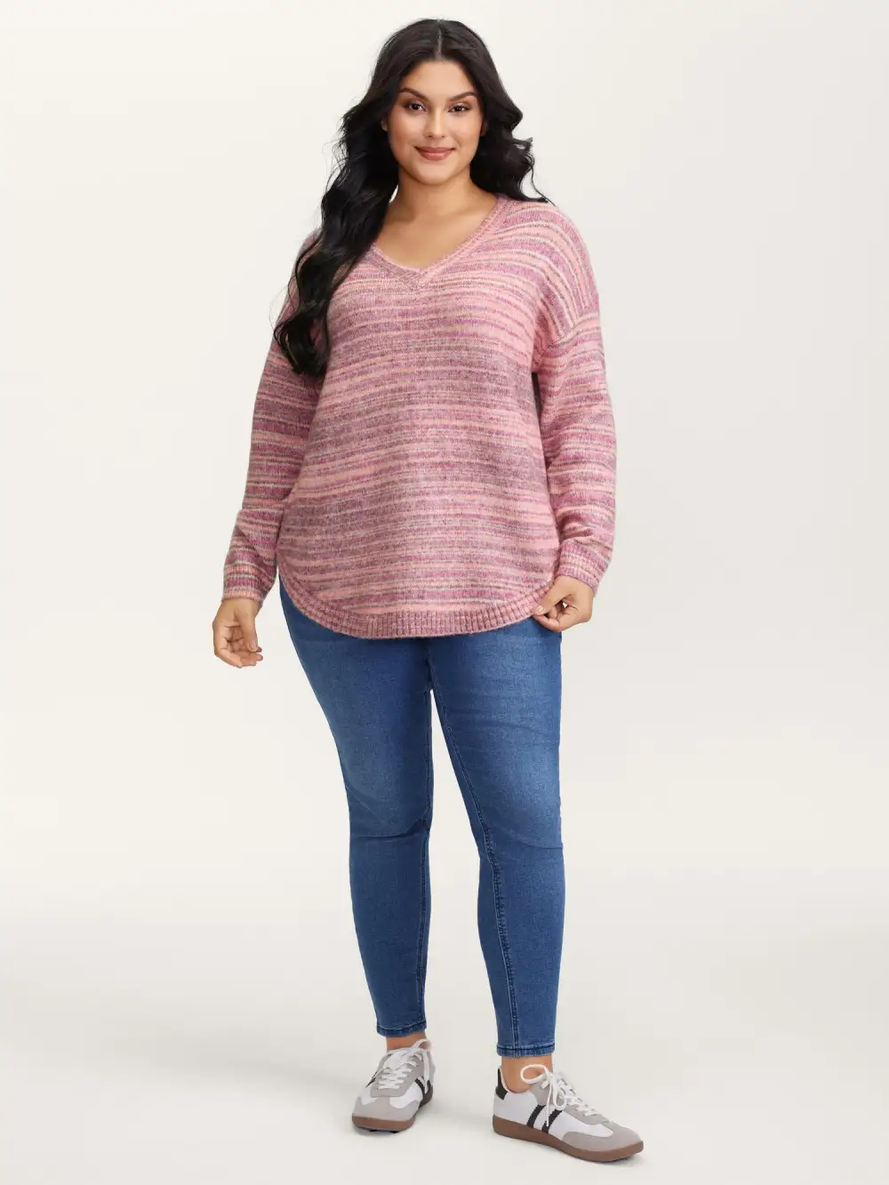Ribbed Texture Curvy Hem V-Neck Pullover