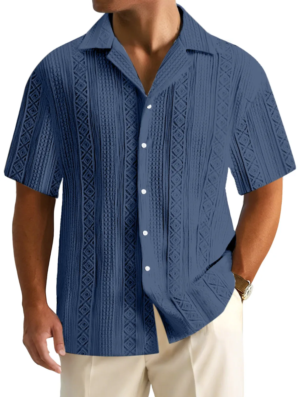 Men's Everyday Solid Color Textured Short-sleeved Cuban Collar Shirt