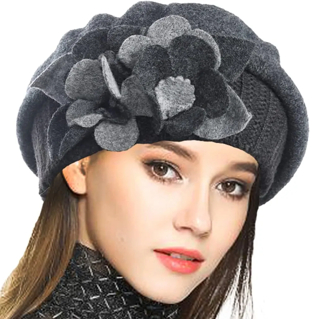Lady French Beret 100% Wool Beret Floral Dress Beanie Winter Hat