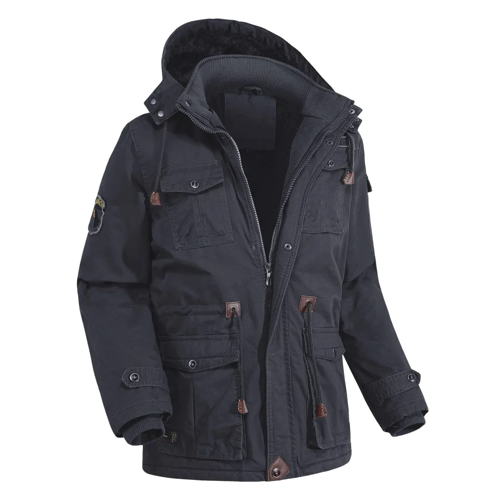 Men's Outdoor Plus Fleece Warm Hooded Multi-Pocket Mid-Length Thick Jacket
