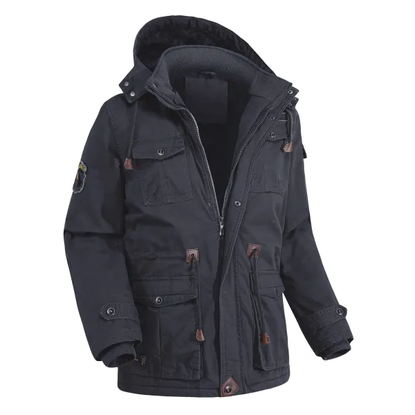 Men's Outdoor Plus Fleece Warm Hooded Multi-Pocket Mid-Length Thick Jacket