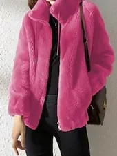 Women's Sherpa Jacket Casual Jacket Comfortable Breathable Zipper Casual Plain Vacation Street Casual Daily Wear Zipper Regular Stand Collar Regular Fit Long Sleeve Outerwear Black Purple Fuchsia