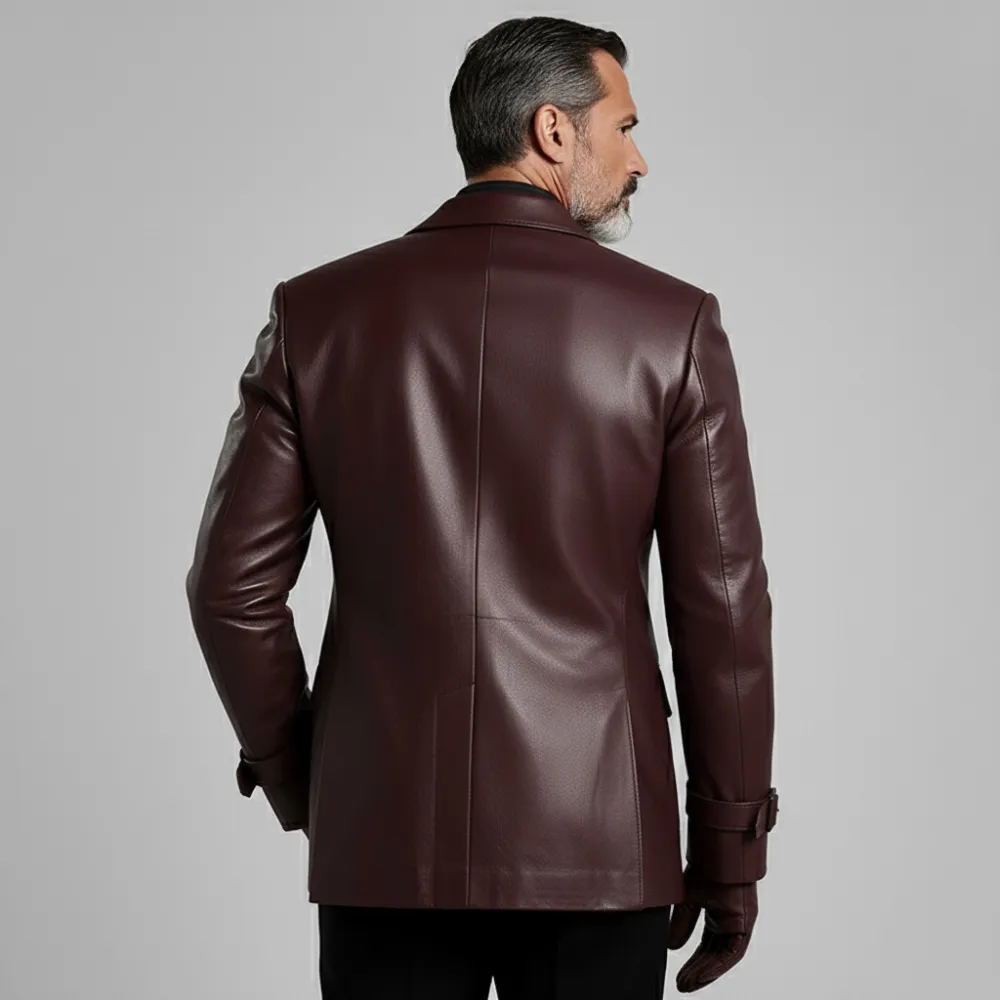 Men's Dark Brown Notched Lapel Long Sleeve Two Button Flap Pockets Buckle Cuffs PU Leather Blazer