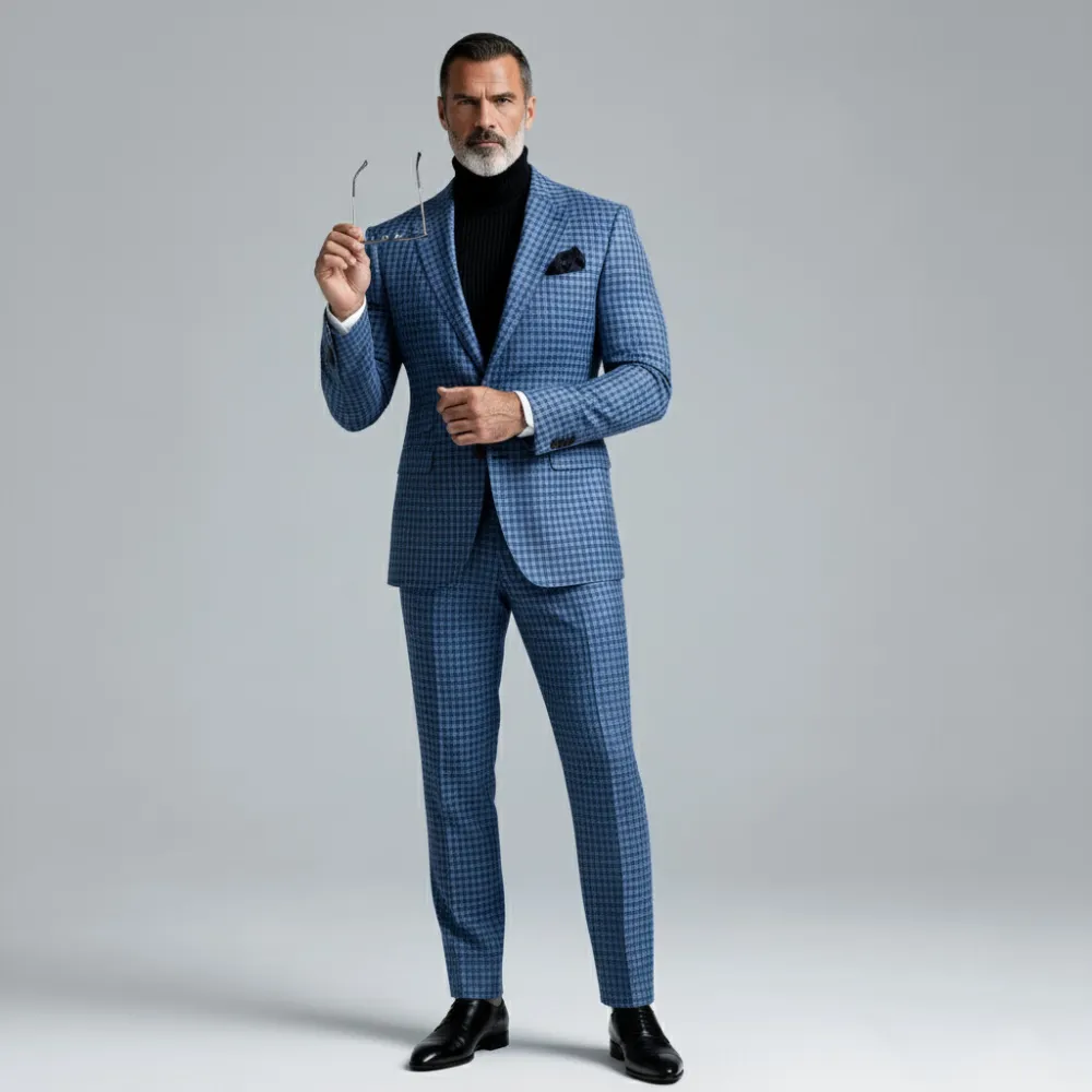 Men's Blue Plaid Notch Lapel Single Breasted Long Sleeve Blazer & Suit Pants 2Pcs Set