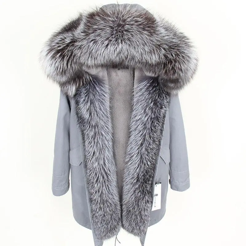 Women's Parka Natural Fox Fur Long Coat Artificial Fur Lining Fur