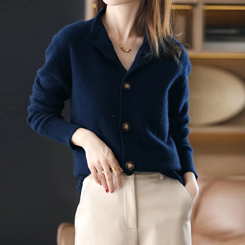 Solid Button Stand Collar Knitted Cardigan