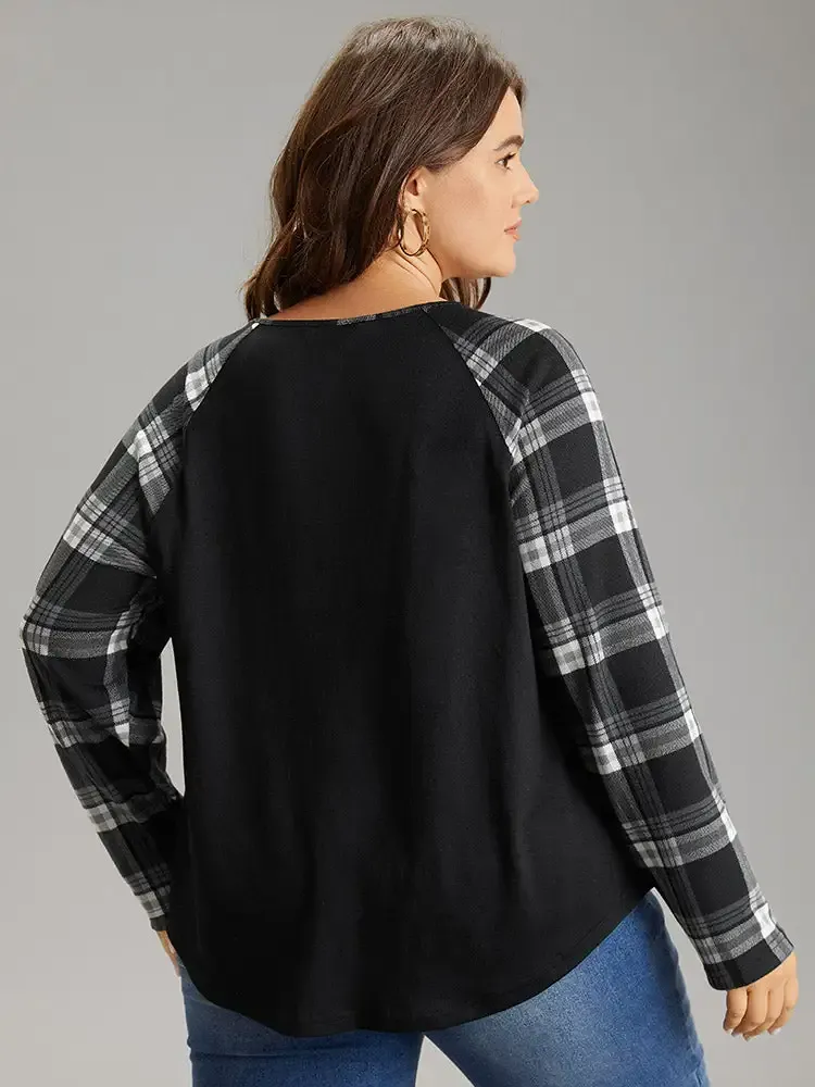 Plaid Patchwork Raglan Sleeve Crisscross T-Shirt