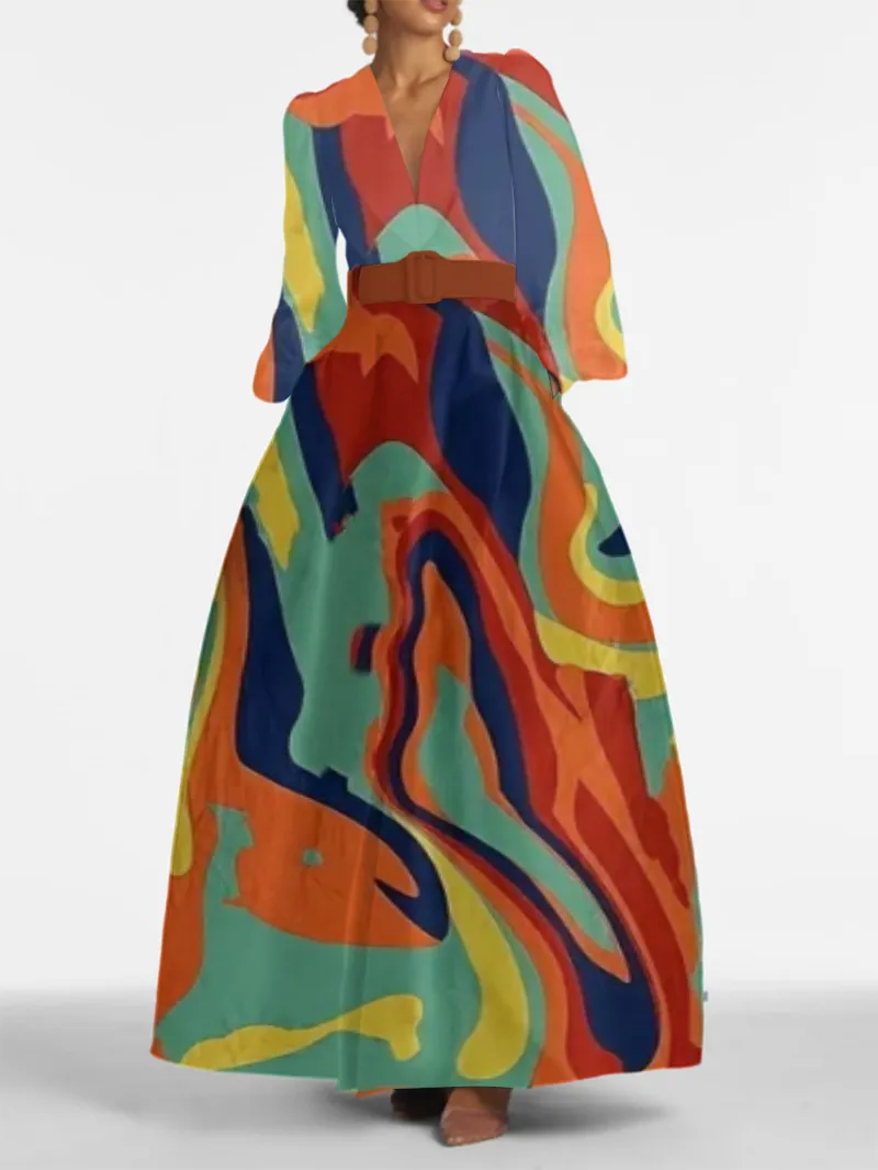 Elegant advanced Impressionist color swirl print pattern long dress with waist large hemline printed dress with side pocket dress