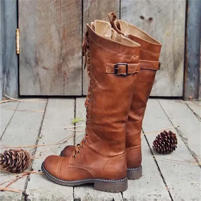Women's Vintage Brown Faux Leather Riding Boots with Lace-Up and Buckle Detail - Knee-High Equestrian Style for Casual and Outdoor Wear