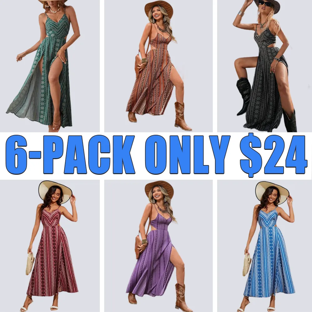 Women's Boho Paisley Cut-Out Cami Dress – Deep V, Shirred Waist, Split Thigh