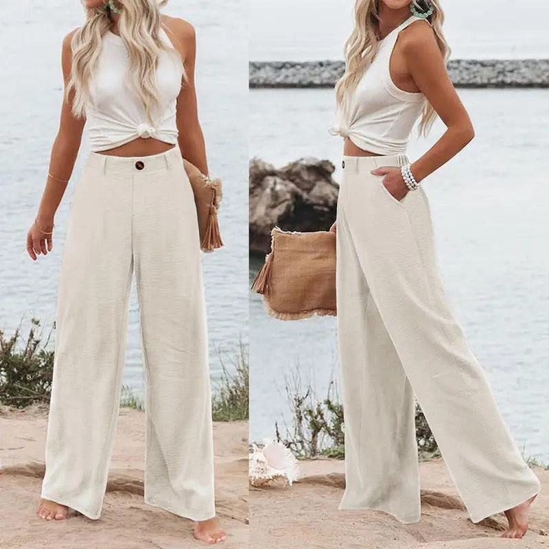Womens Cotton Linen Pants Casual Button Up High Waisted Wide Leg Trousers Wideleg Loose