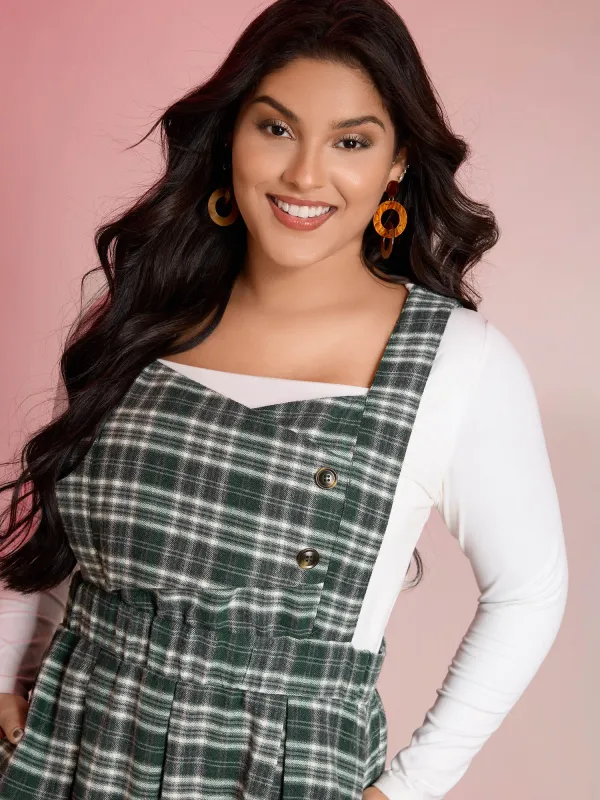 Plaid Pleated Suspender Skirt Adjustable Midi Dress