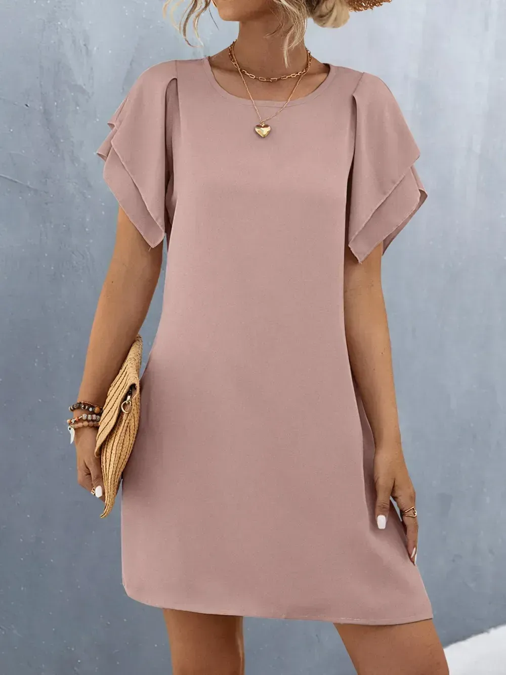 Women Plain Crew Neck Short Sleeve Comfy Casual Short Dress