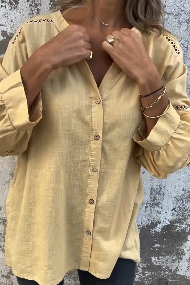 Women's Cotton And Linen Hollow Flower Pattern Shirt