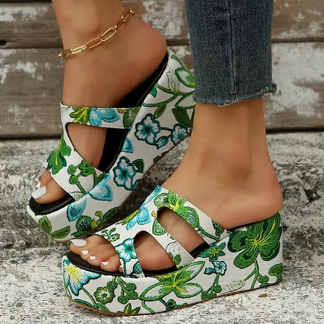 Women's Sandals Slippers Wedge Sandals Platform Sandals Plus Size Daily Beach Summer Platform Wedge Heel Open Toe Vintage Casual Faux Leather Loafer Color Block Black / White Snake pattern Black