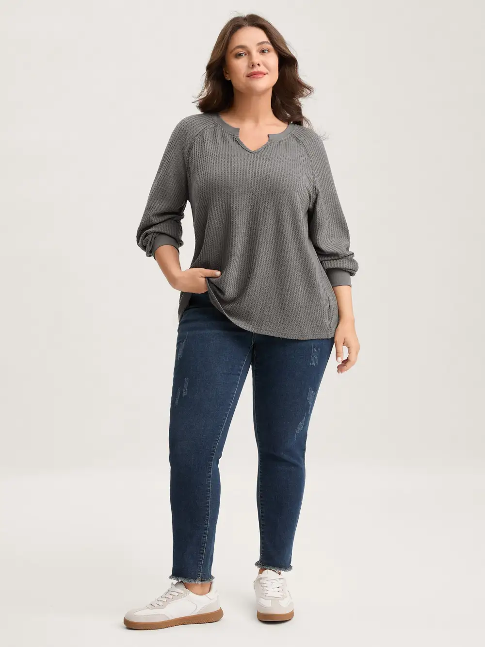 Waffle Grid Notched Collar Lace Sweatshirt