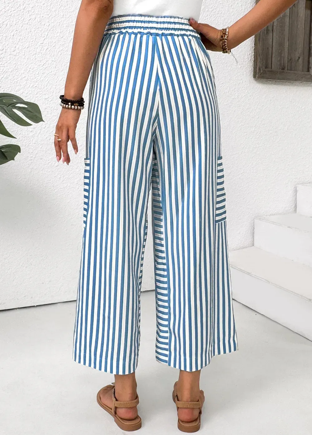 Light Blue Pocket Striped Wide Leg Elastic Waist Pants