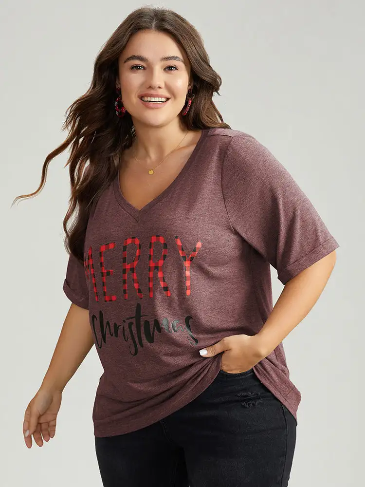 Christmas Gingham Patchwork V Neck T-shirt