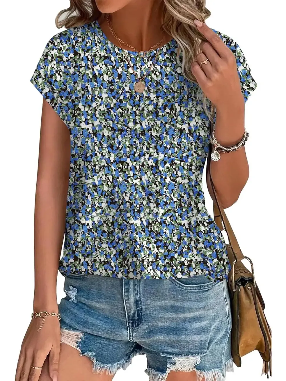 ✨Womens Printing Dressy Casual Cap Sleeve Tops with Curved Hem
