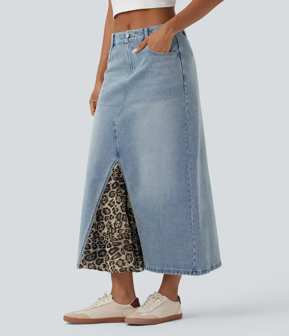 Halara FlexTM Mid Rise Contrast Leopard Mesh Midi Denim Casual A-line Skirt with Pockets