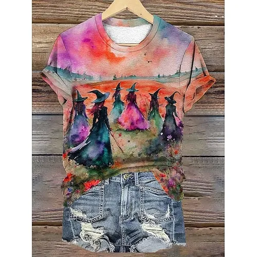 Women's Halloween Sweatshirt Pullover Witch Halloween Print Yellow Casual Crew Neck Long Sleeve Top Micro-elastic Spring Fall & Winter
