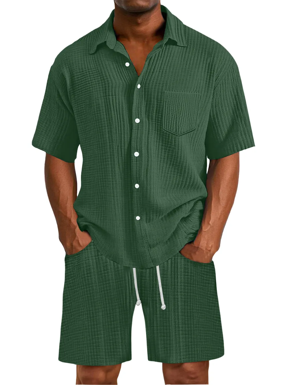 Men's Daily Wrinkled Texture Pocket Shirt Shorts Set