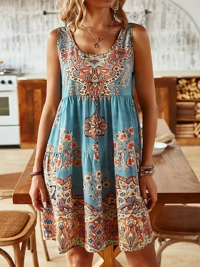 Women's Sundress Tank Dress Floral Ruched Print U Neck Midi Dress Tropical Vacation Beach Sleeveless Summer Spring