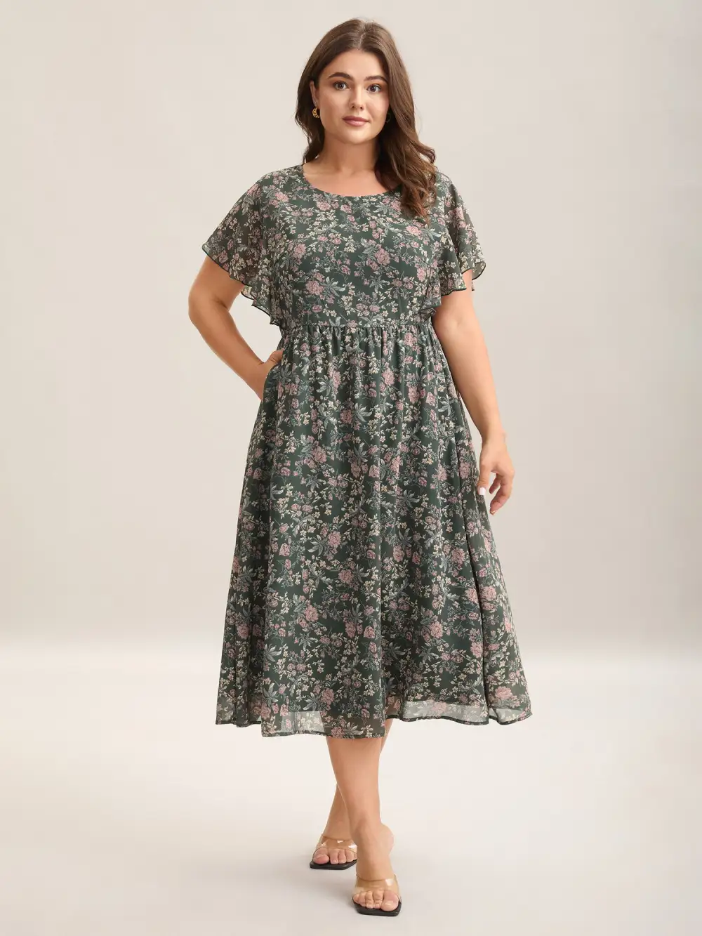 Chiffon Floral Print Ruffled Midi Dress