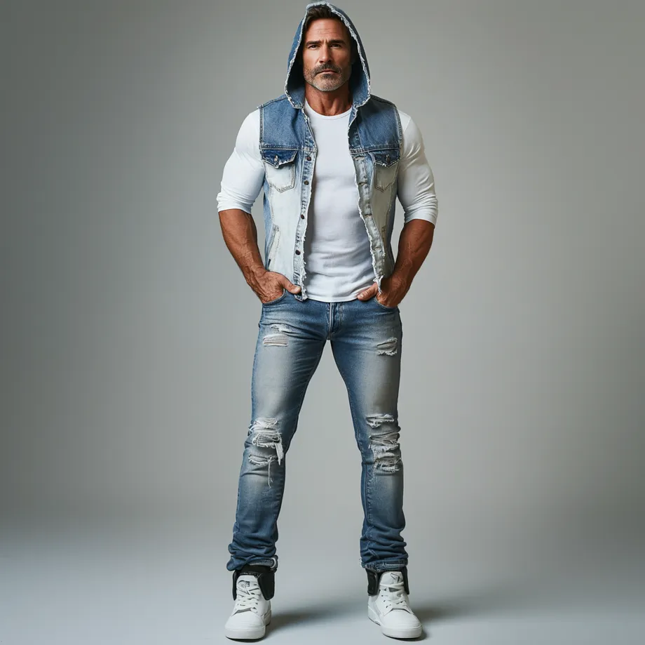 Men's Distressed Gradient Denim Single Breasted Hooded Vest