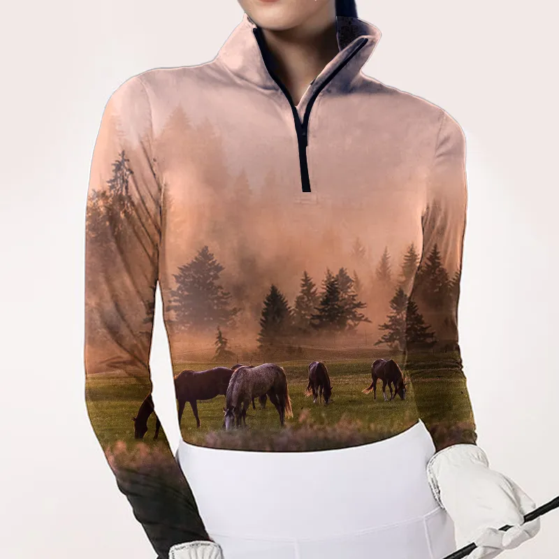 Women's Riding Style Horse Print Long Sleeve Casual Shirt