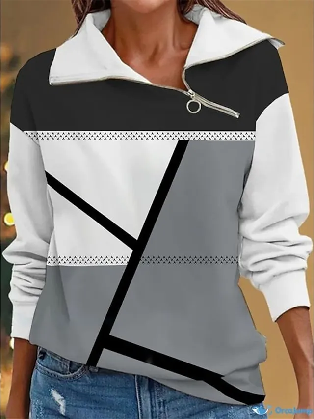 Women's Sweatshirt Pullover Sports Basic Quarter Zip Red Purple Orange Color Block Street Casual V Neck Long Sleeve Top Micro-elastic Fall & Winter