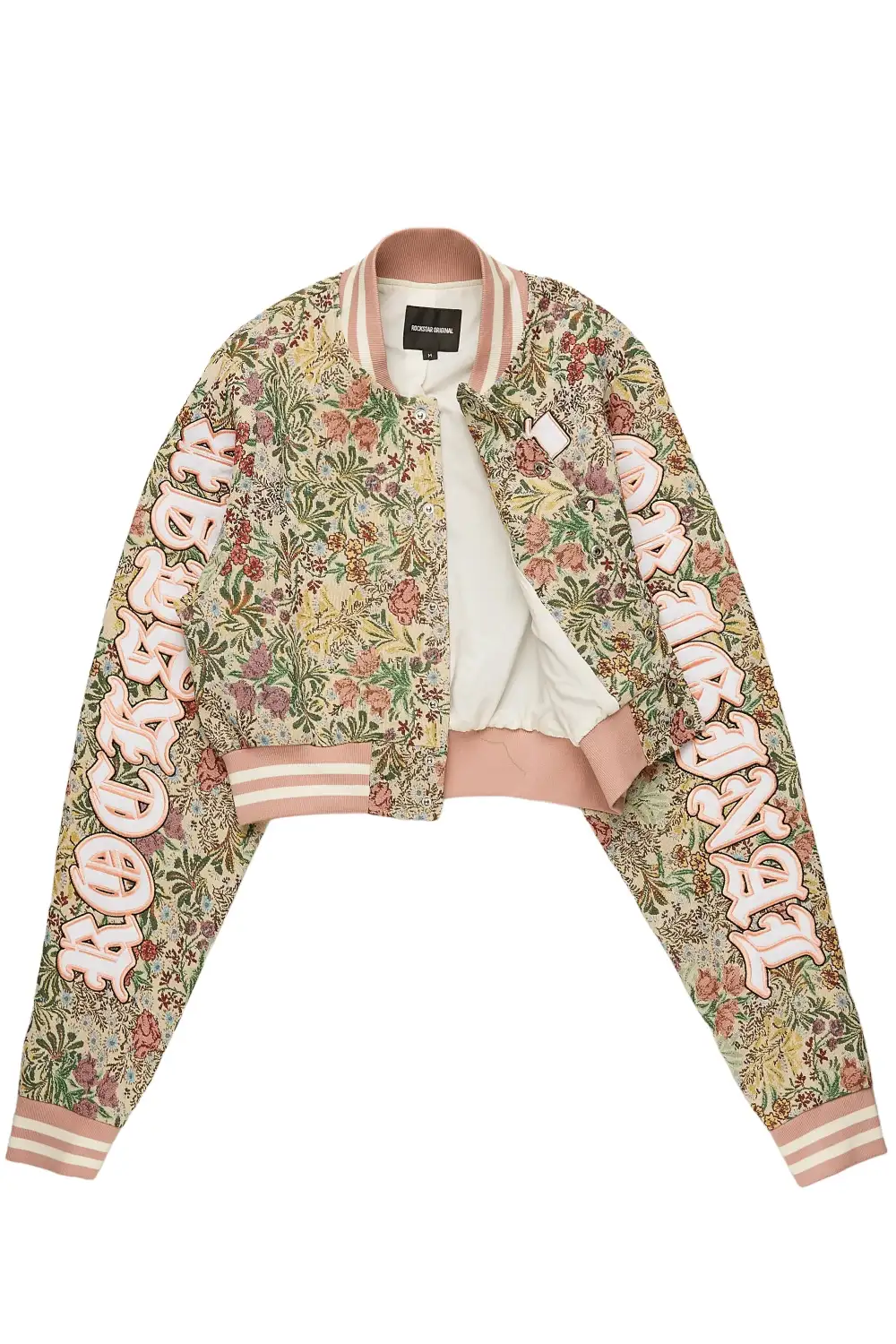 Tamia Beige Crop Tapestry Varsity Jacket
