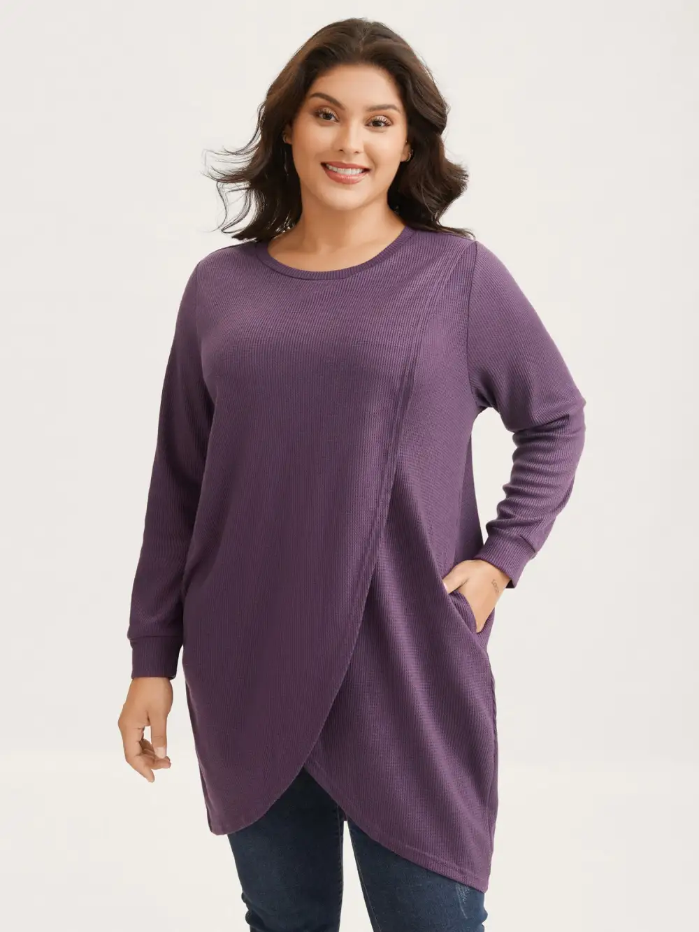 Solid Waffle Knit Overlap Hem T-shirt