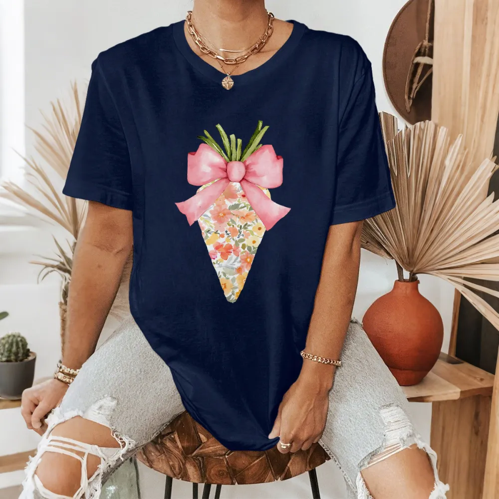A Floral Design On A Carrot Top With A Pink Bow And Green Leaves On Top, Easter, Casual T-Shirt.