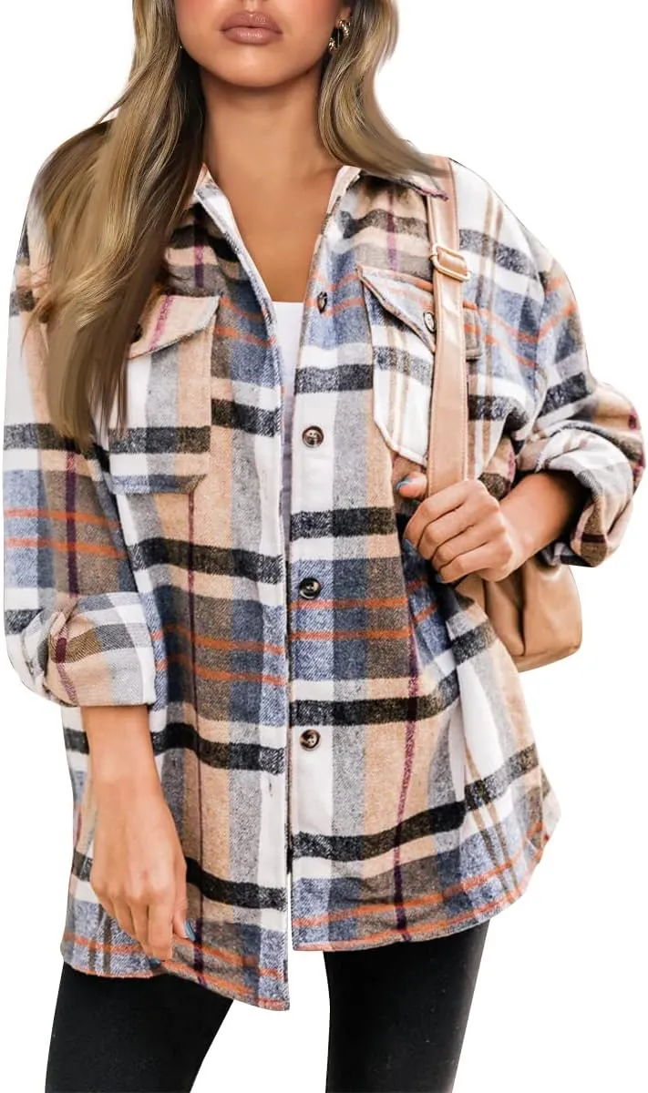 Womens Fall Outfits Fashion Clothes Shackets Flannel Plaid Button Down Long Sleeve Shirts Jackets 2024
