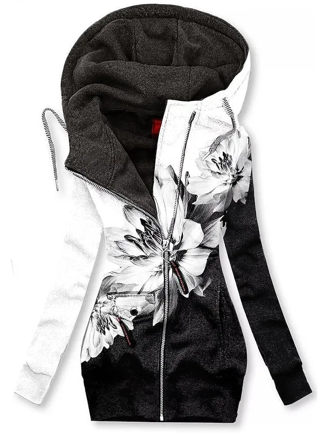 Women's Zip Hoodie Sweatshirt Sports Basic Neon & Bright Drawstring Zip Up Front Pocket Black White Blue Graphic Floral Cat Street Casual Hoodie Long Sleeve Top Micro-elastic Fall & Winter