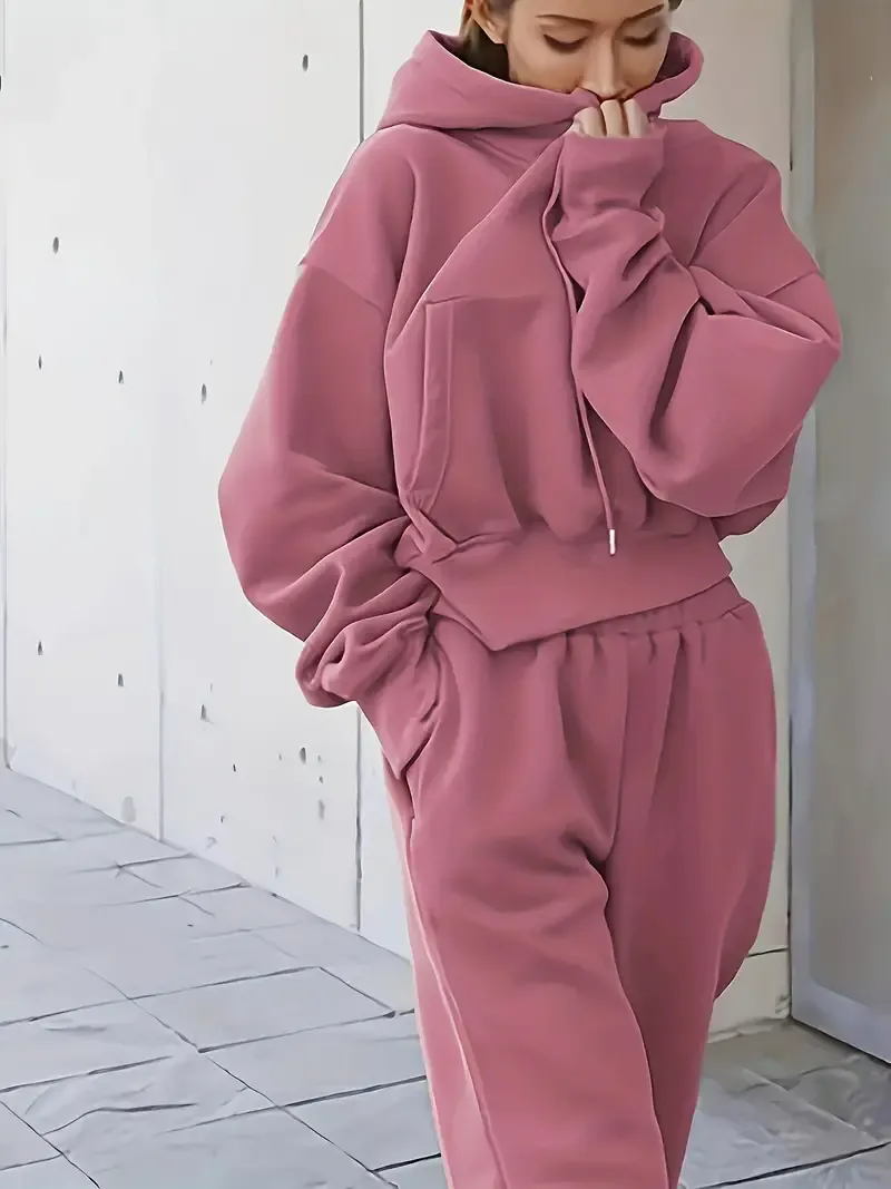 2PCS Oversized Athleisure Set: Solid Hooded Pocket Drawstring Sweatshirts & Sweatpants Sets for Women, Plus Size Comfortable Clothing