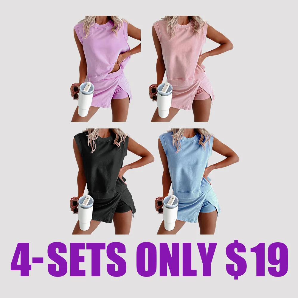 Women's Casual 2-Piece Cotton Tank & Split Skirt Set – Solid Color Summer Outfit