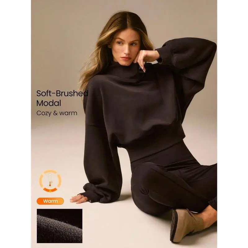 Turtleneck Puff-Sleeve Crop Top & Wide-Leg Pants Set