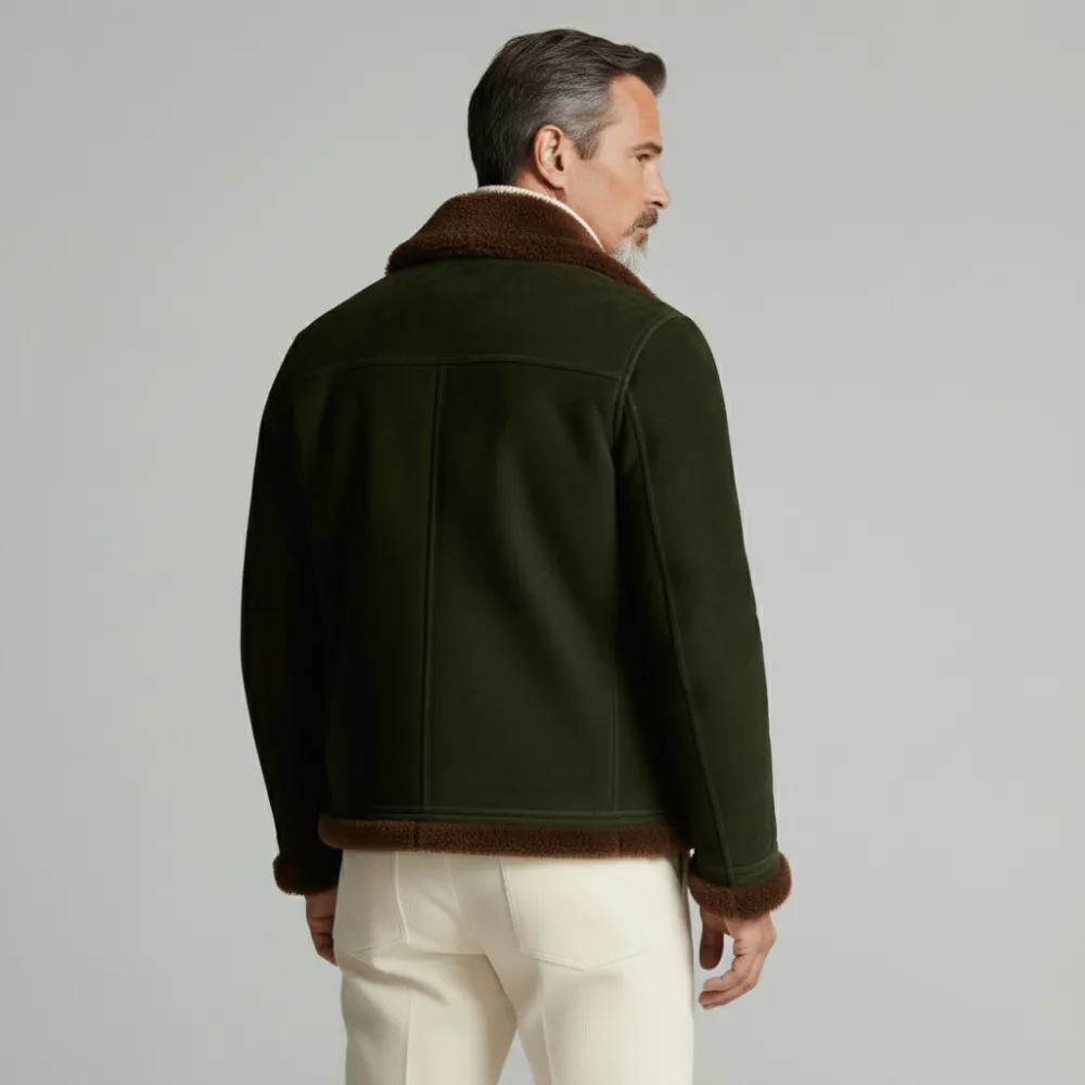 Men's Dark Green Plush Lapel Long Sleeve Double Breasted Suede Coat