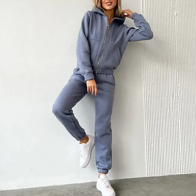 Women's Tracksuit Sweatsuit Pocket 2 Piece Solid Colored Hoodie and Pants Outfit Set Clothing Suit Fall Black White Jogging Training Exercise Thermal Warm Soft Moisture Wicking Long Sleeve Sport