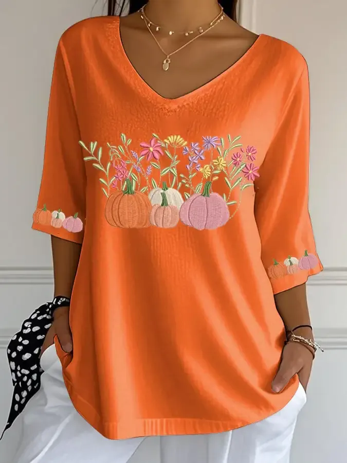 Women's Casual Pumpkin Bubble Ruffled Three-quarter Sleeve Top