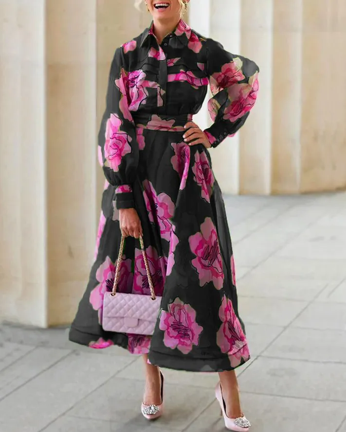 Vacation Shirt Collar Floral Dress