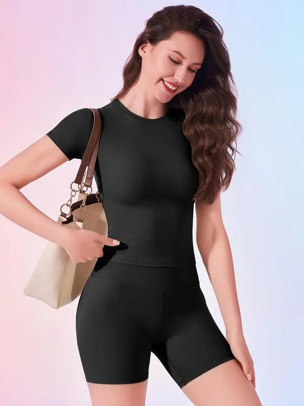 Women's Seamless 2-Piece Workout Set – Short Sleeve Top & High Waist Biker Shorts