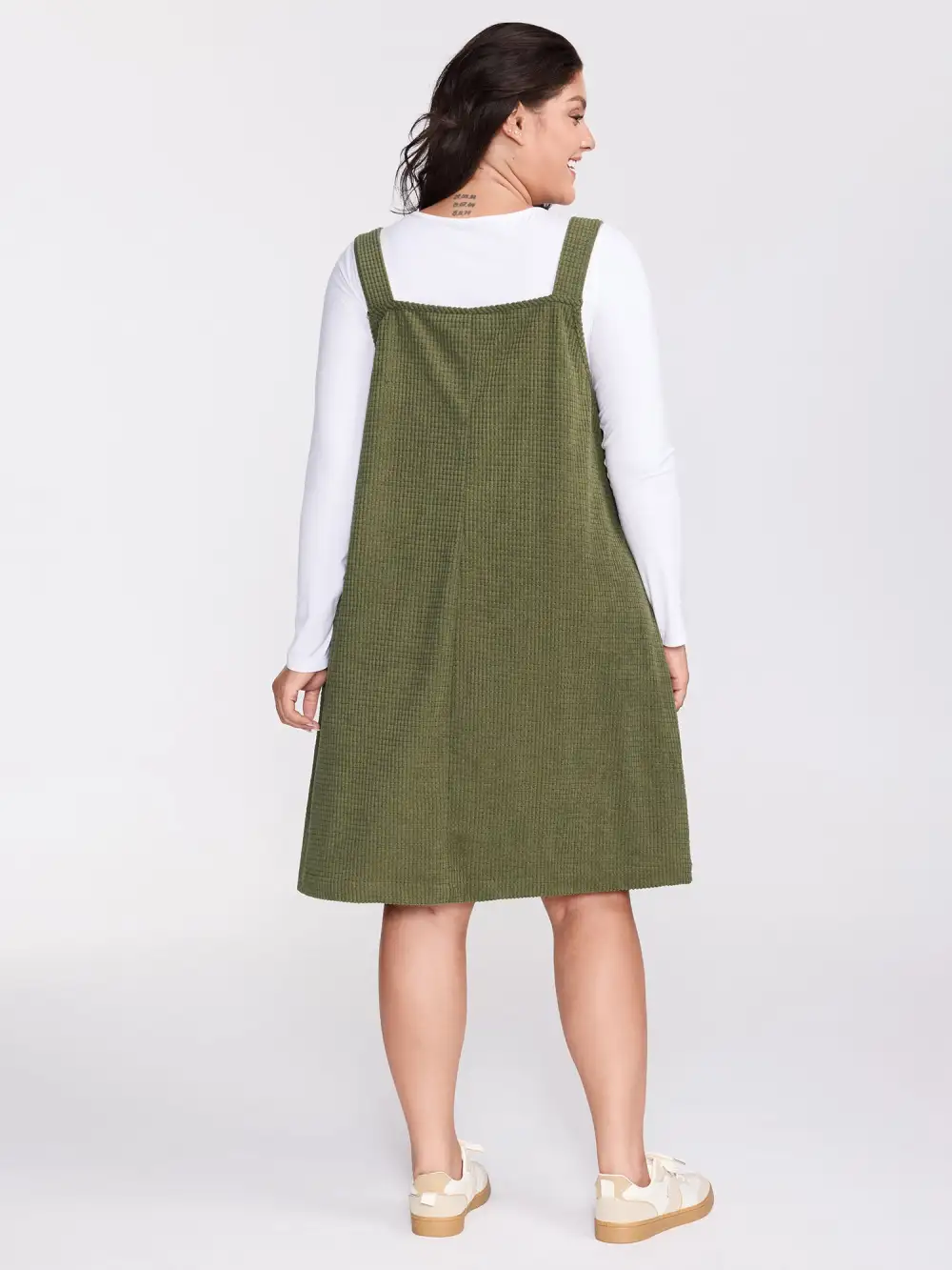 Textured Adjustable Overall Pockets Knee-Length Dress