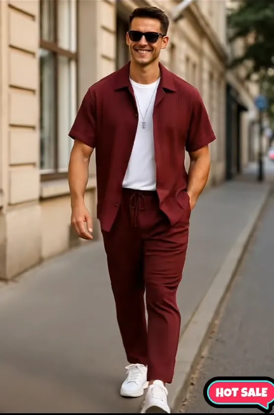 Men’s Maroon Shirt & Trousers Set – Short Sleeve Casual Outfit for Summer & Fall