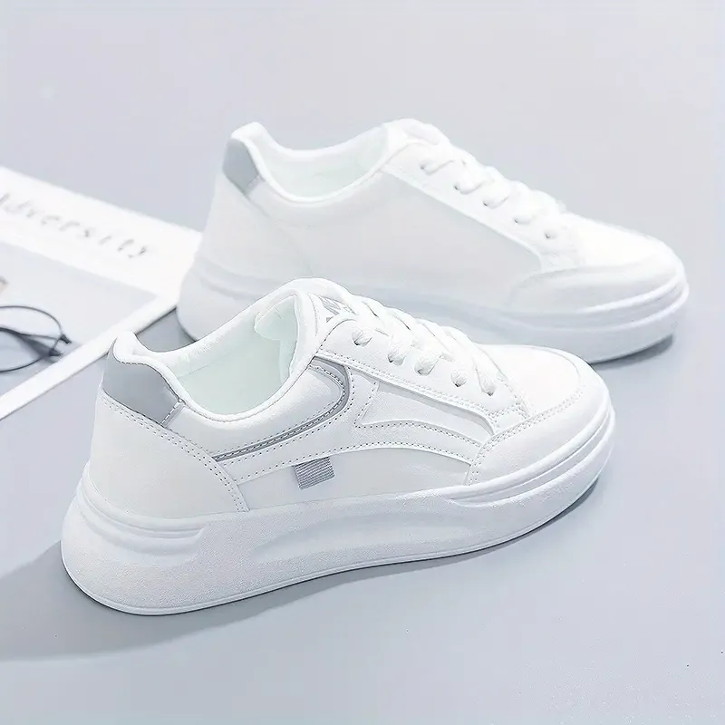 Stylish White Platform Lace Up Shoes for Women - Elevate Your Height, Versatile Low Top Design, Breathable Outdoor Walking Shoes with Comfortable Fit