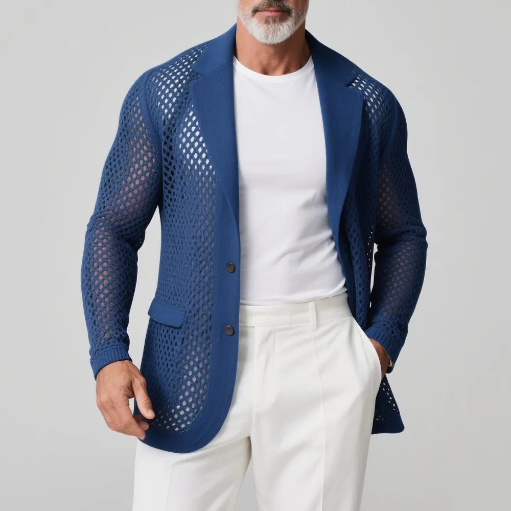 Men's Hollow Mesh  Notch Lapel Two Button Long Sleeve Blazer